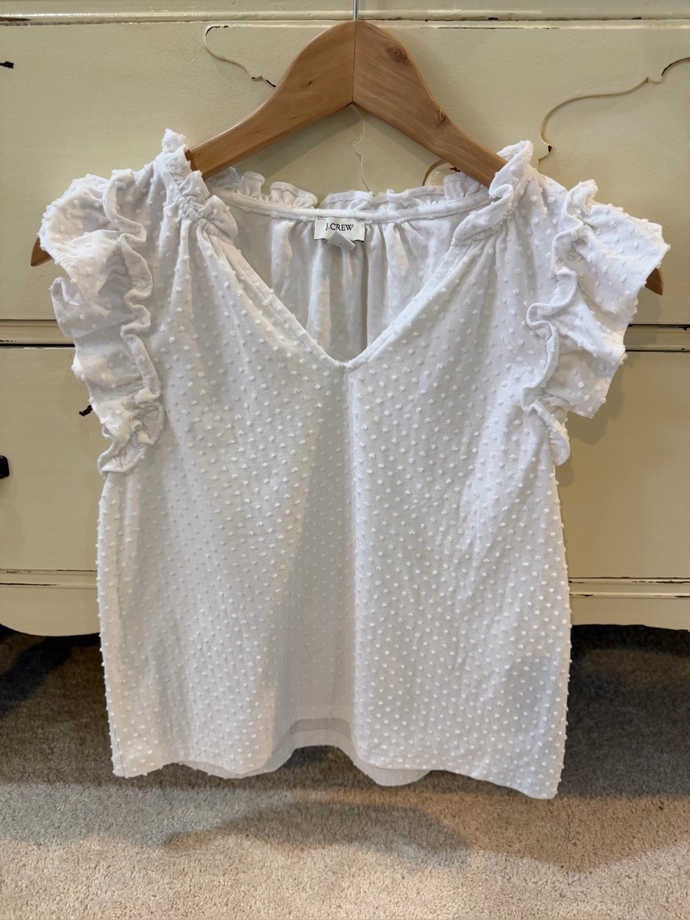 J. Crew White Swiss Dot Ruffle Sleeve V-Neck Top Size Medium